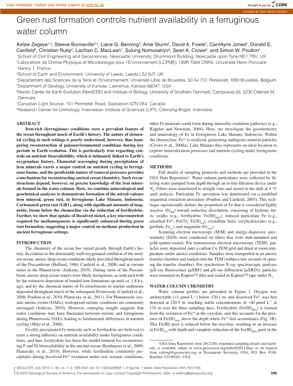 Green Rust Formation Controls Nutrient Availability in a Ferruginous Water Column