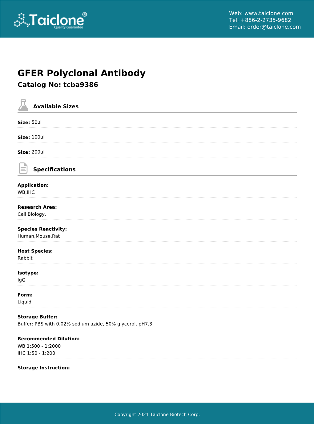 GFER Polyclonal Antibody Catalog No: Tcba9386
