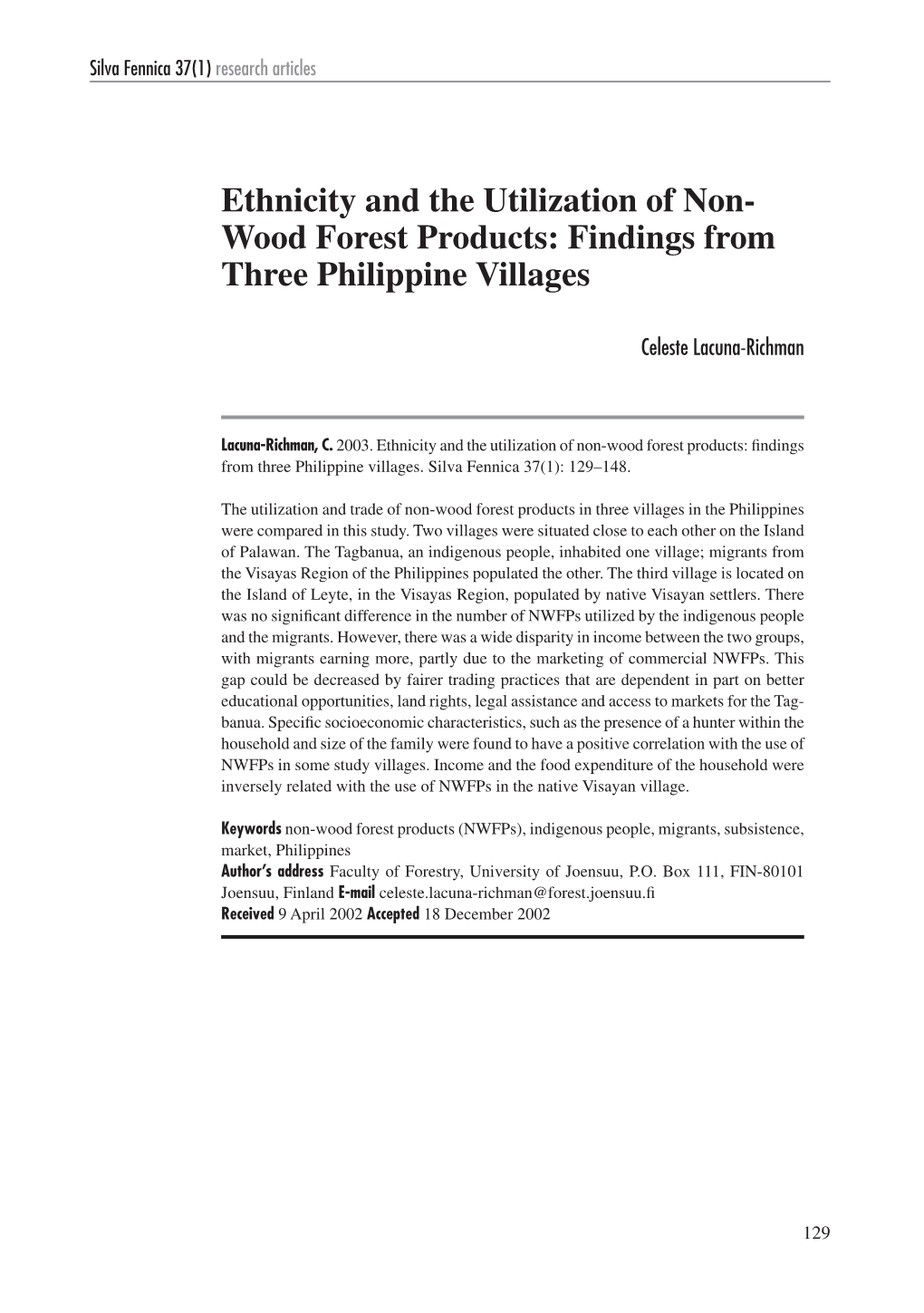 Ethnicity and the Utilization of Non- Wood Forest Products: Findings from Three Philippine Villages