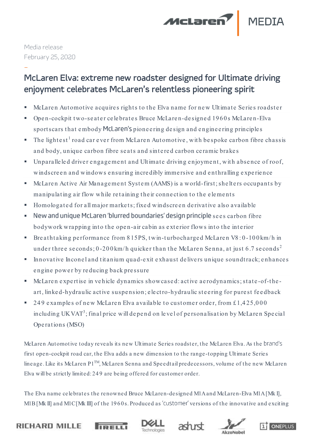 Mclaren Elva: Extreme New Roadster Designed for Ultimate Driving Enjoyment Celebrates Mclaren’S Relentless Pioneering Spirit