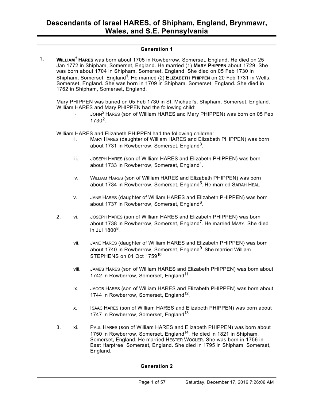 Descendants of Israel HARES, of Shipham, England, Brynmawr, Wales, and S.E