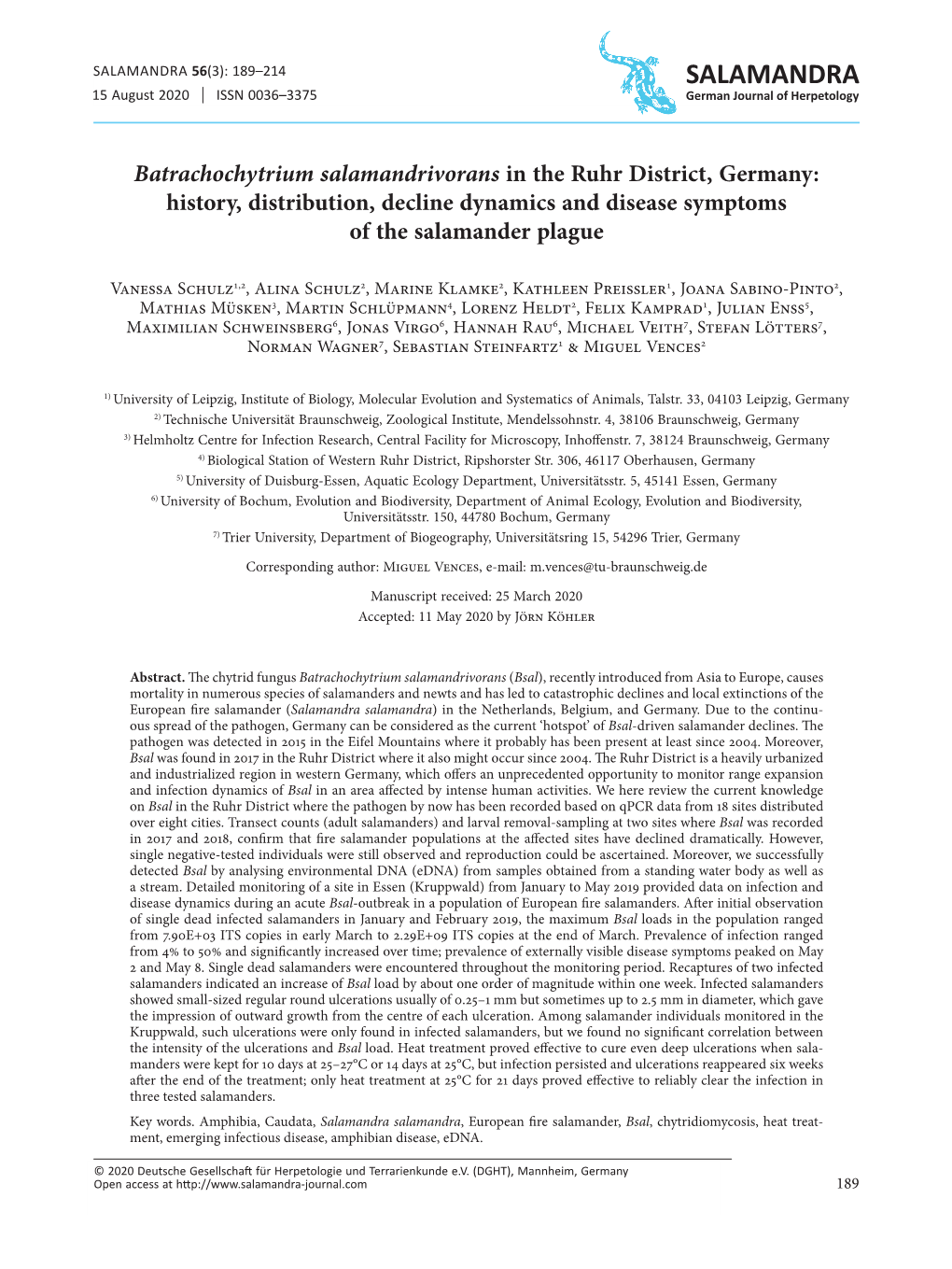 Batrachochytrium Salamandrivorans in the Ruhr District, Germany SALAMANDRA 15 August 2020 ISSN 0036–3375 German Journal of Herpetology