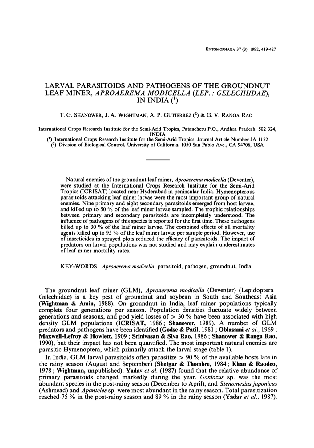 Larval Parasitoids and Pathogens of the Groundnut Leaf Miner, Aproaerema Modicella (Lep