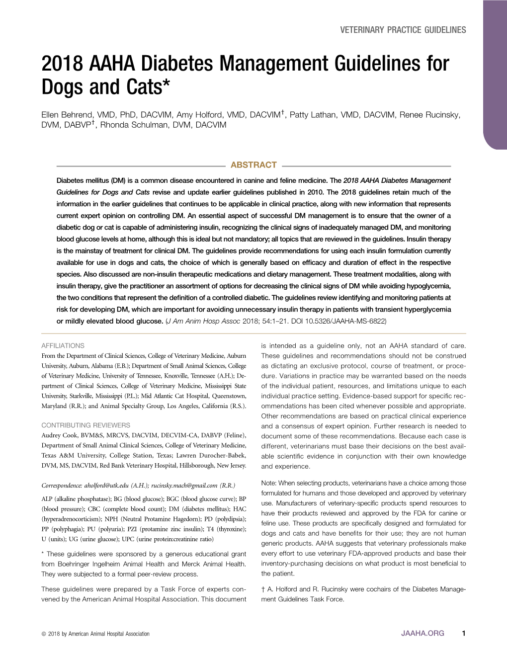 2018 AAHA Diabetes Management Guidelines for Dogs and Cats*