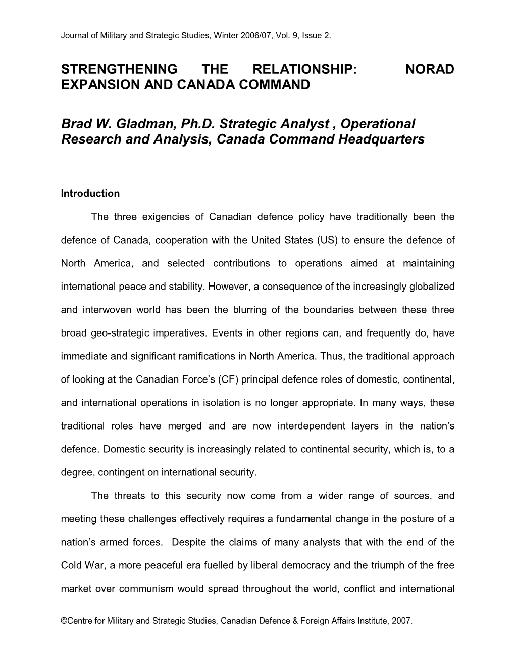 NORAD EXPANSION and CANADA COMMAND Brad W. Gladman, Ph