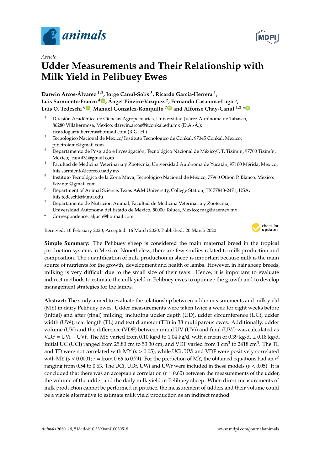 Udder Measurements and Their Relationship with Milk Yield in Pelibuey Ewes