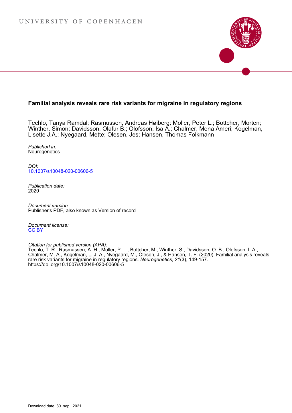 Familial Analysis Reveals Rare Risk Variants for Migraine in Regulatory Regions