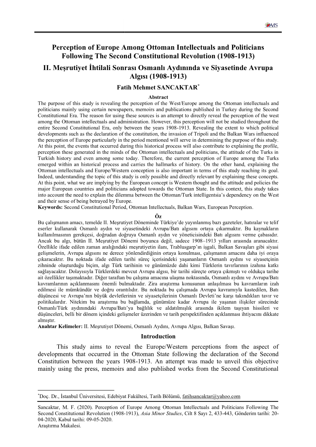 Perception of Europe Among Ottoman Intellectuals and Politicians Following the Second Constitutional Revolution (1908-1913) II