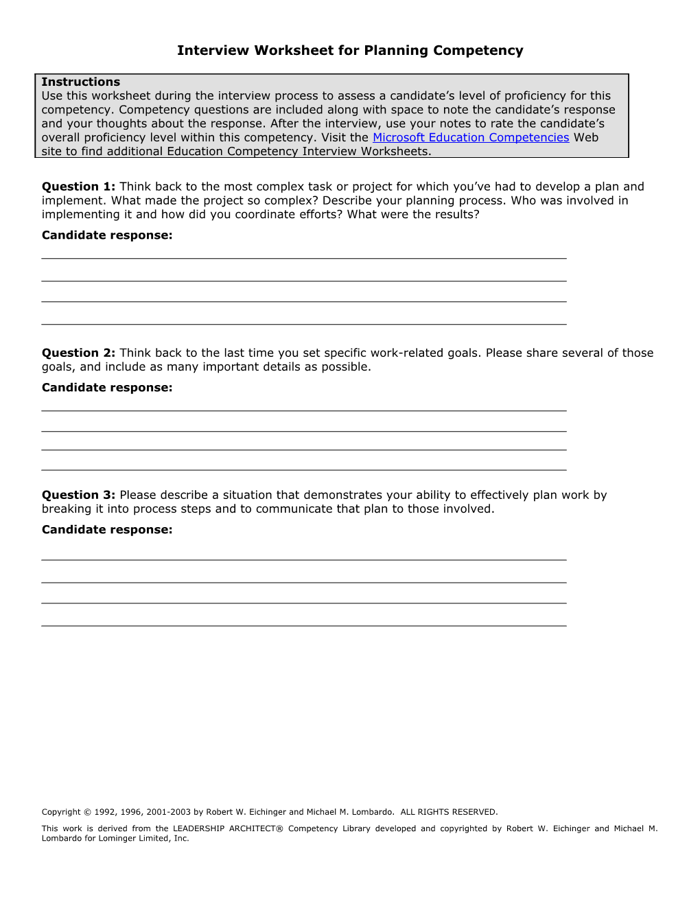 Interview Worksheet for Planning Competency