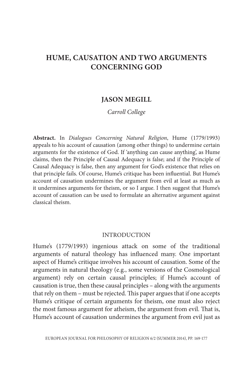 Hume, Causation and Two Arguments Concerning God