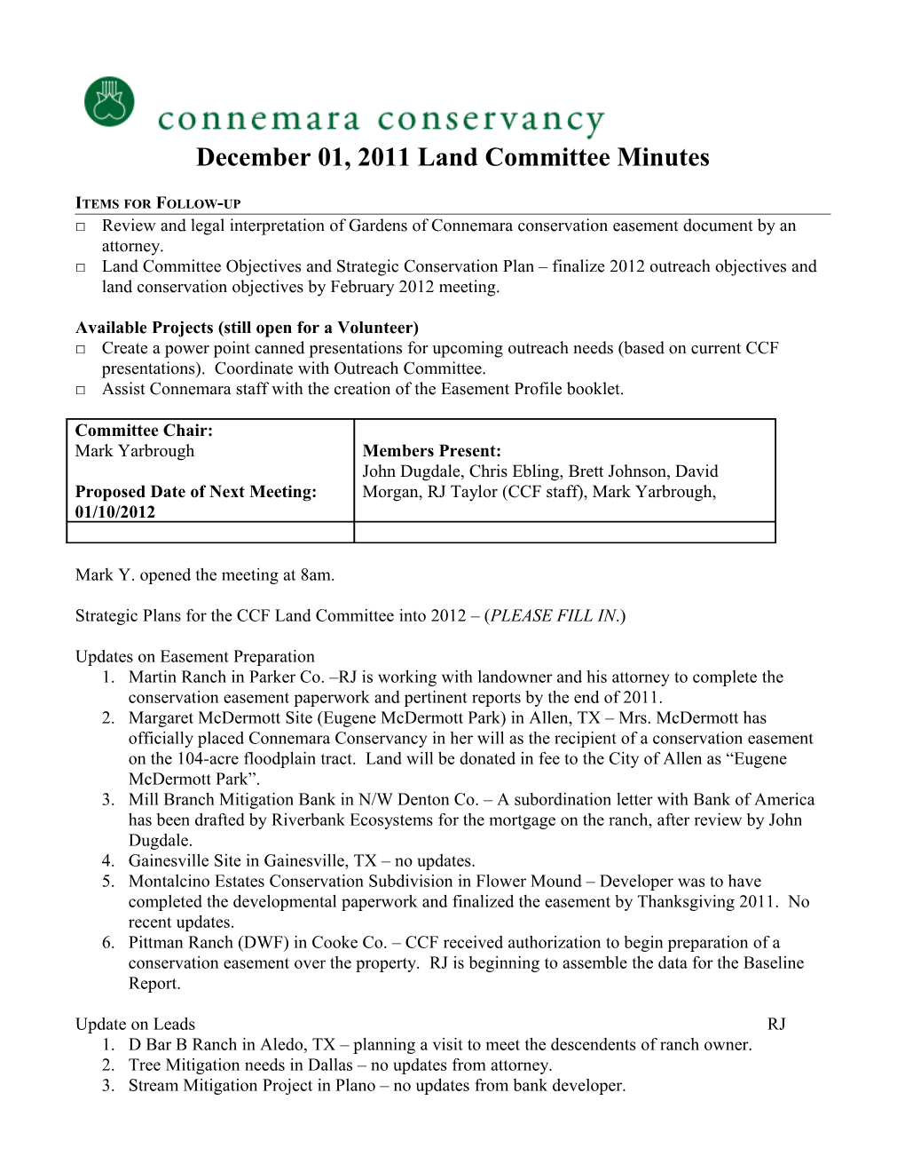 December 01, 2011 Land Committee Minutes