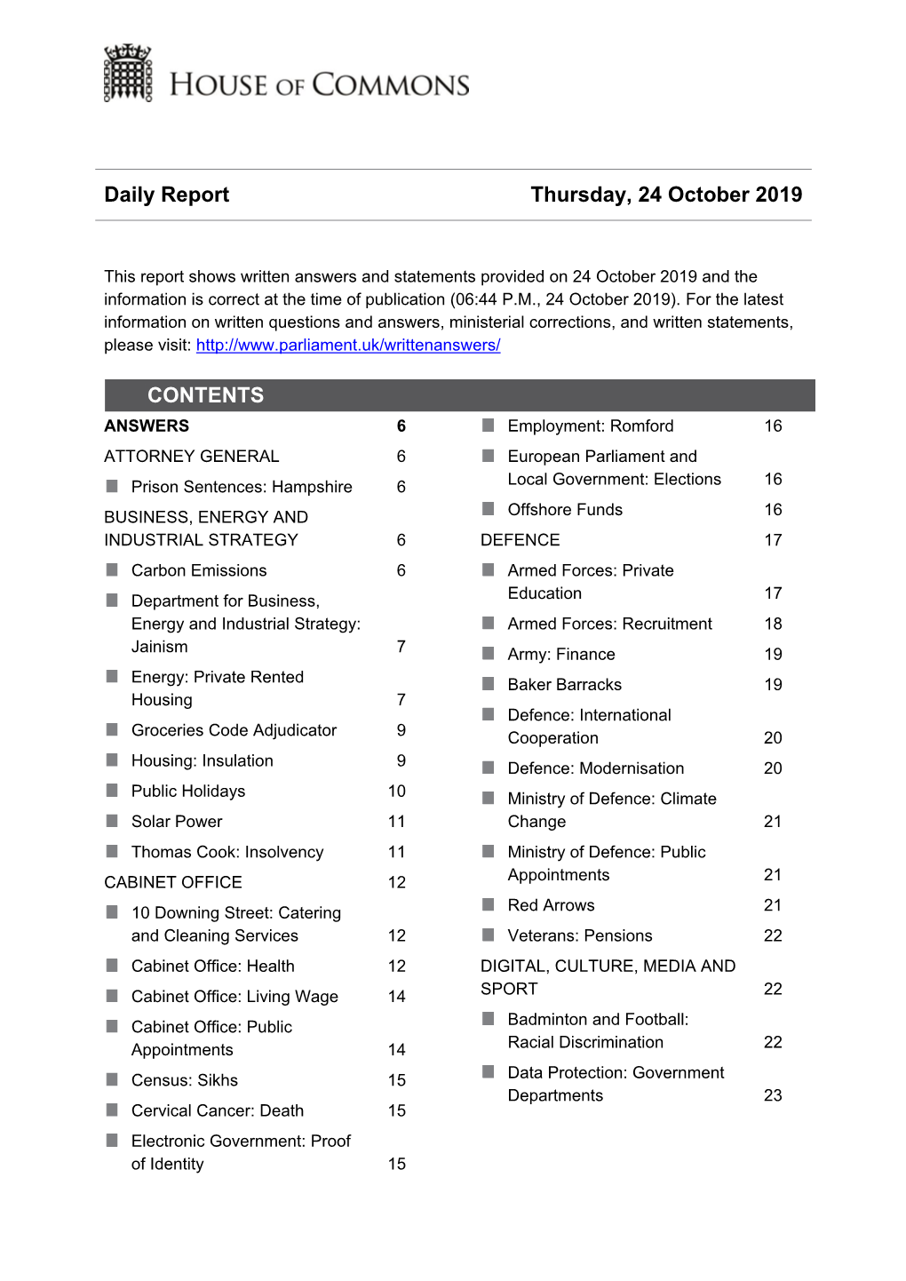 Daily Report Thursday, 24 October 2019 CONTENTS