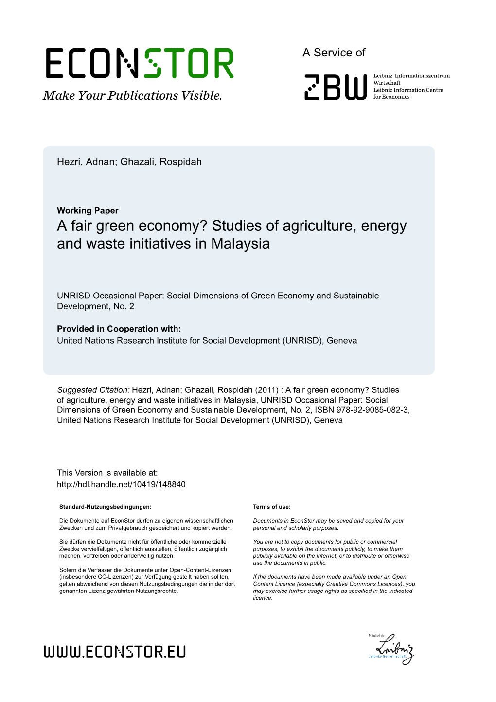 Studies of Agriculture, Energy and Waste Initiatives in Malaysia