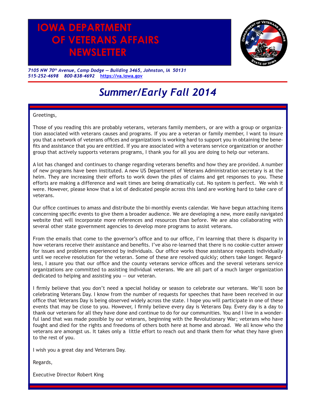 Summer/Early Fall 2014 IOWA DEPARTMENT of VETERANS AFFAIRS NEWSLETTER