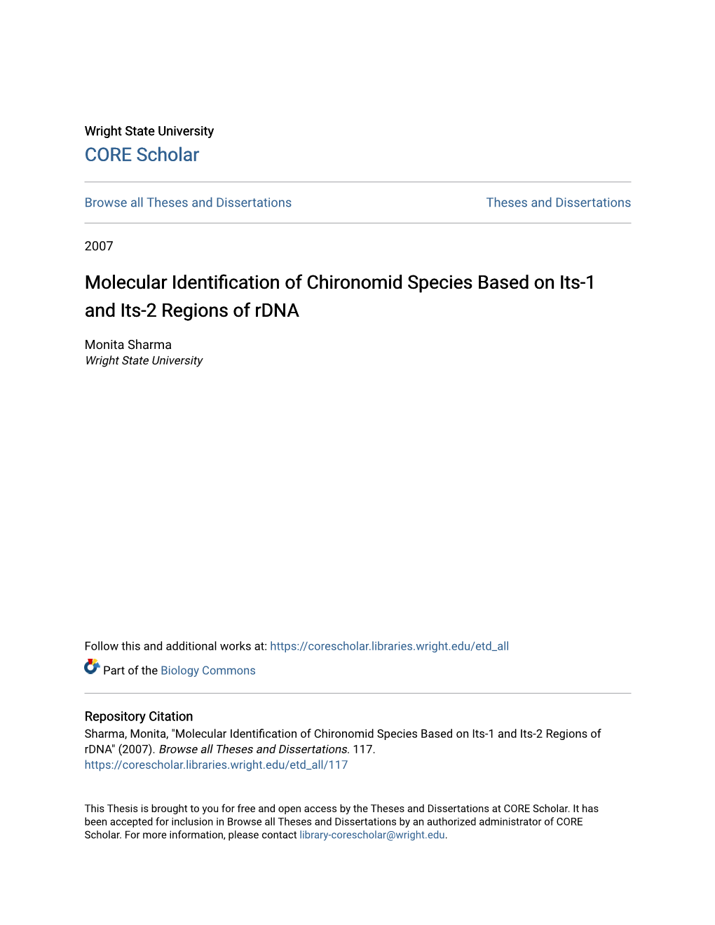 Molecular Identification of Chironomid Species Based on Its-1 and Its-2 Regions of Rdna