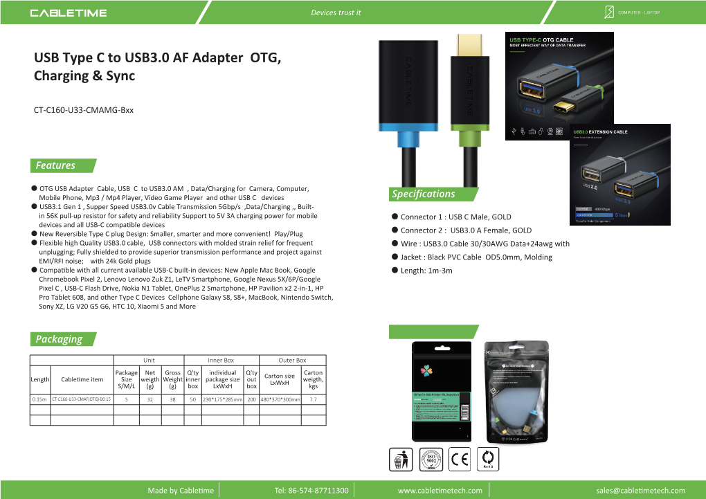 USB Type C to USB3.0 AF Adapter OTG, Charging & Sync