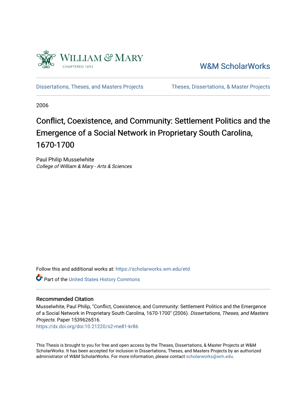 Settlement Politics and the Emergence of a Social Network in Proprietary South Carolina, 1670 - 1700