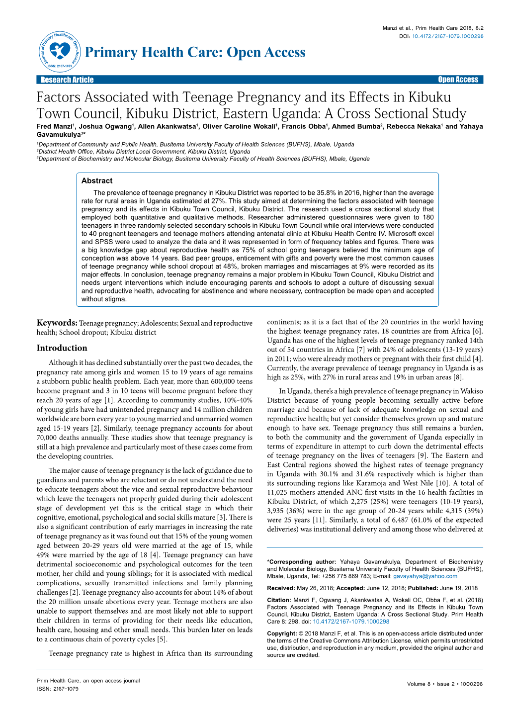 Factors Associated with Teenage Pregnancy and Its Effects in Kibuku