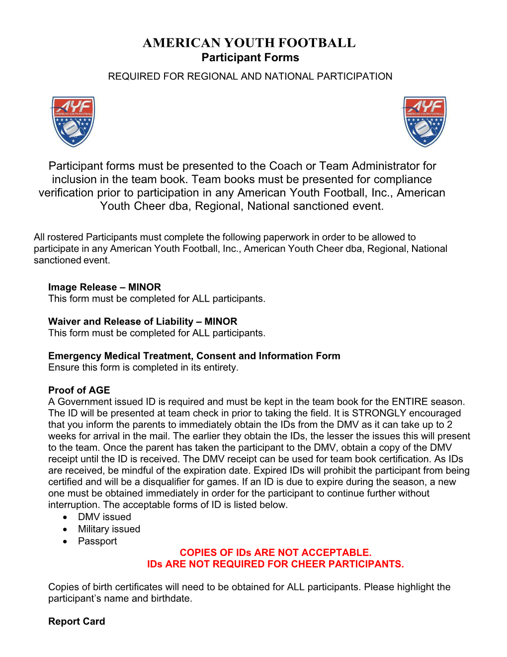 AMERICAN YOUTH FOOTBALL Participant Forms REQUIRED for REGIONAL and NATIONAL PARTICIPATION