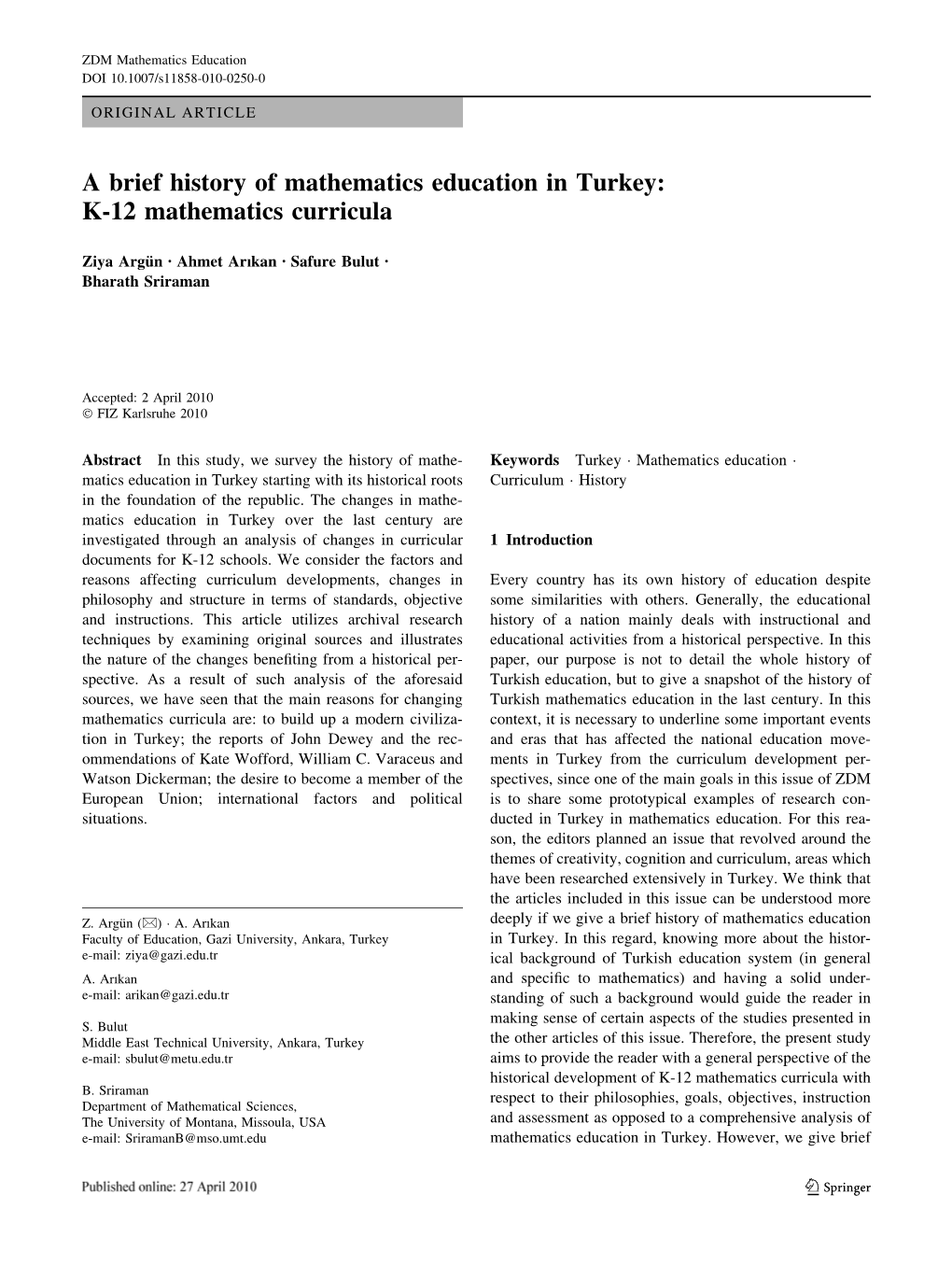 A Brief History of Mathematics Education in Turkey: K-12 Mathematics Curricula