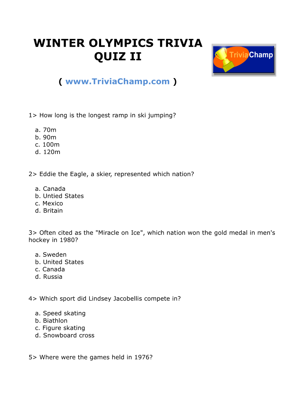 Winter Olympics Trivia Quiz Ii