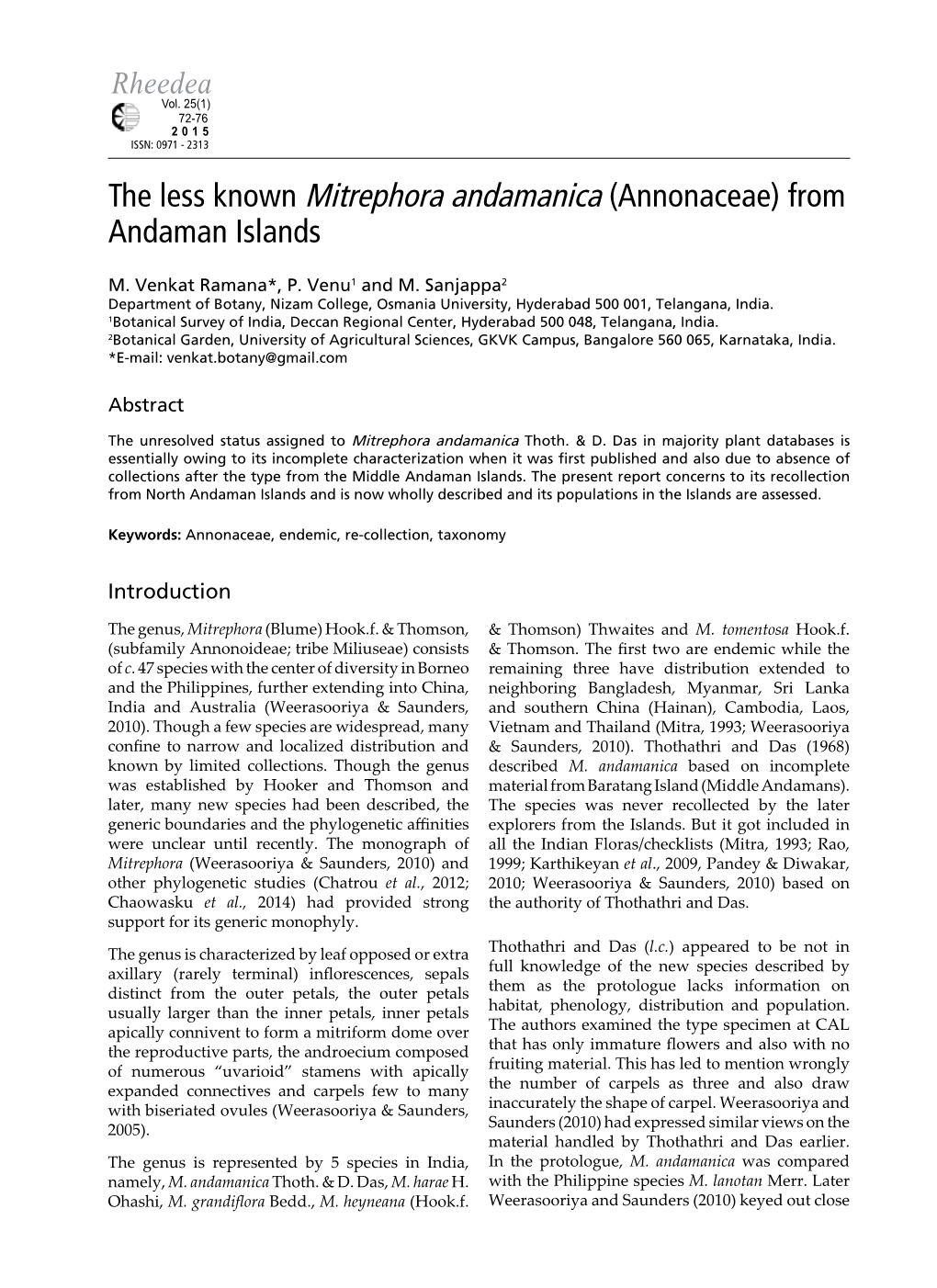 The Less Known Mitrephora Andamanica (Annonaceae) from Andaman Islands