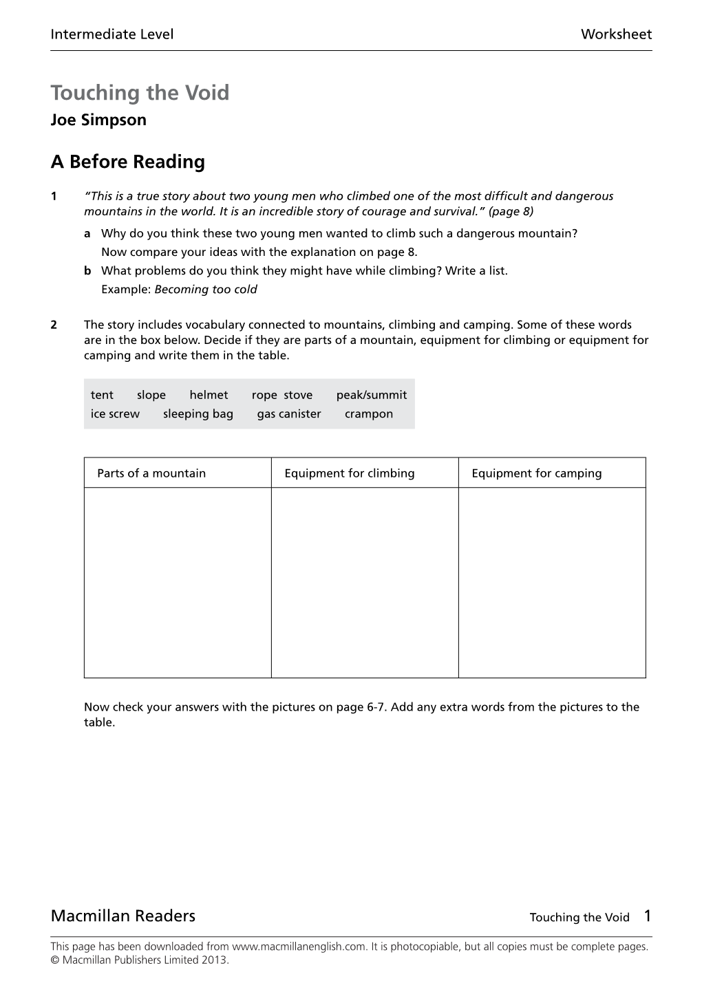 Touching the Void Worksheet