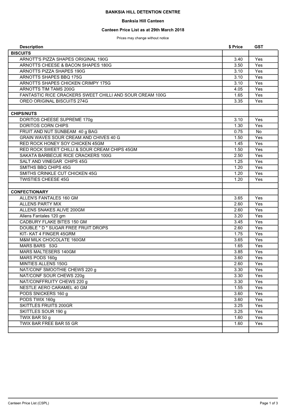 Canteen/Stores Price List