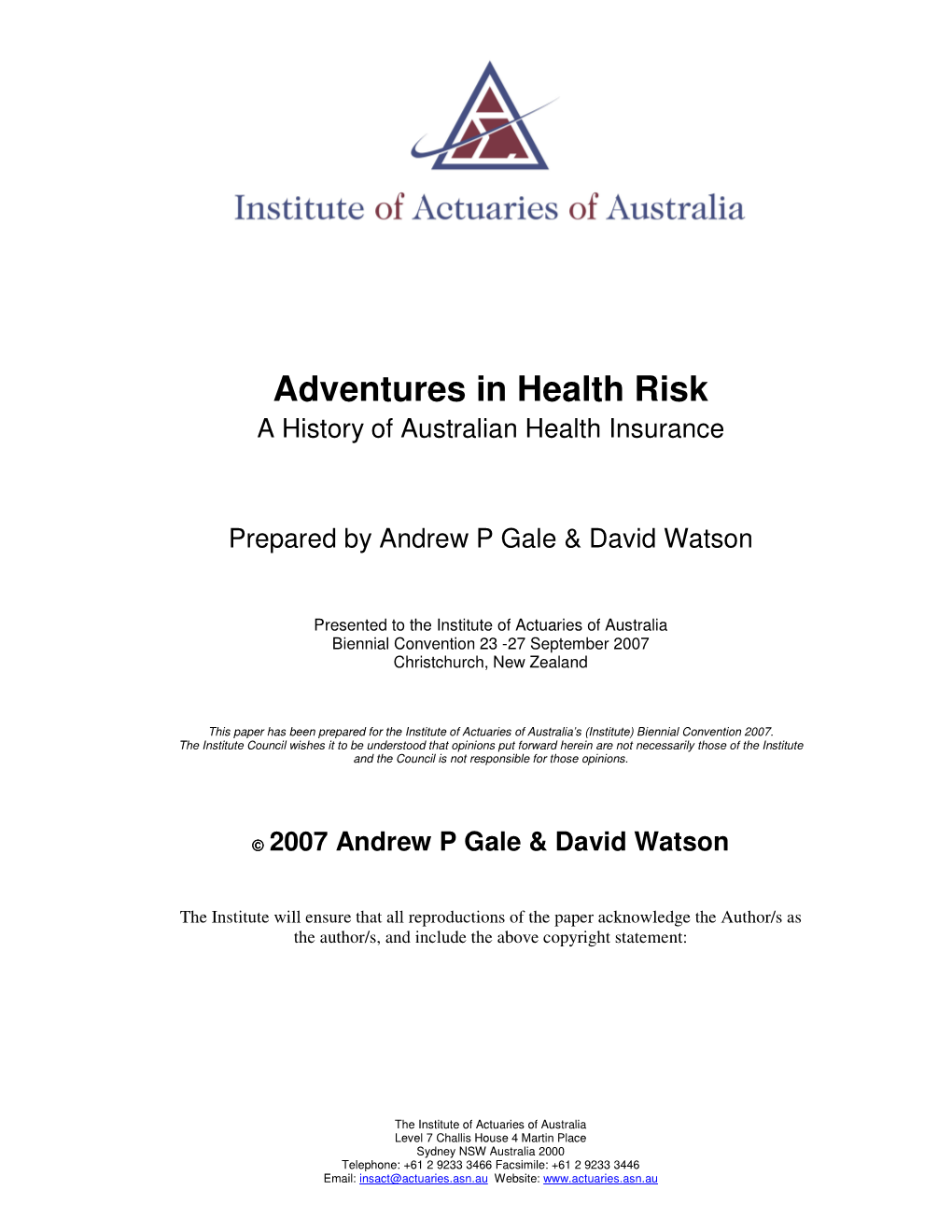 Adventures in Health Risk a History of Australian Health Insurance