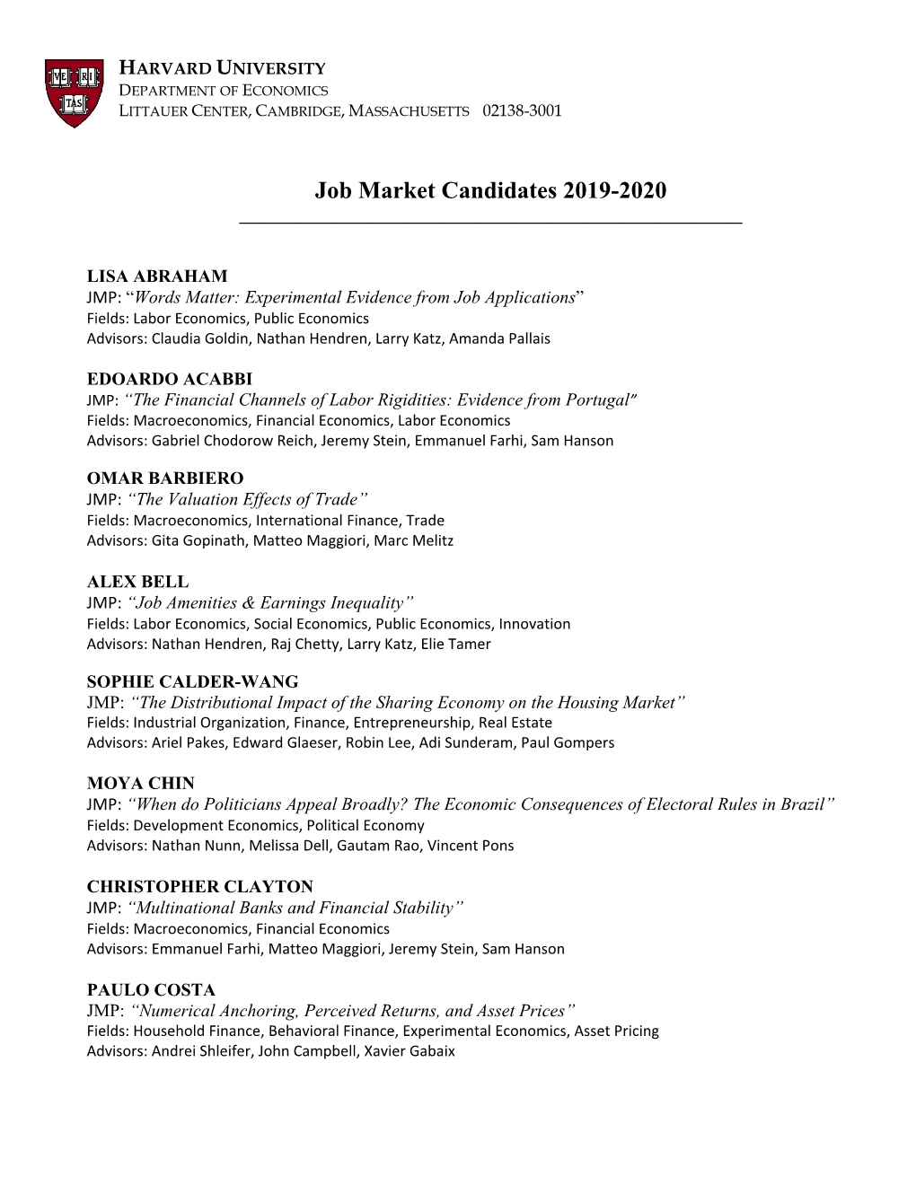 Job Market Candidates 2019-2020 ______
