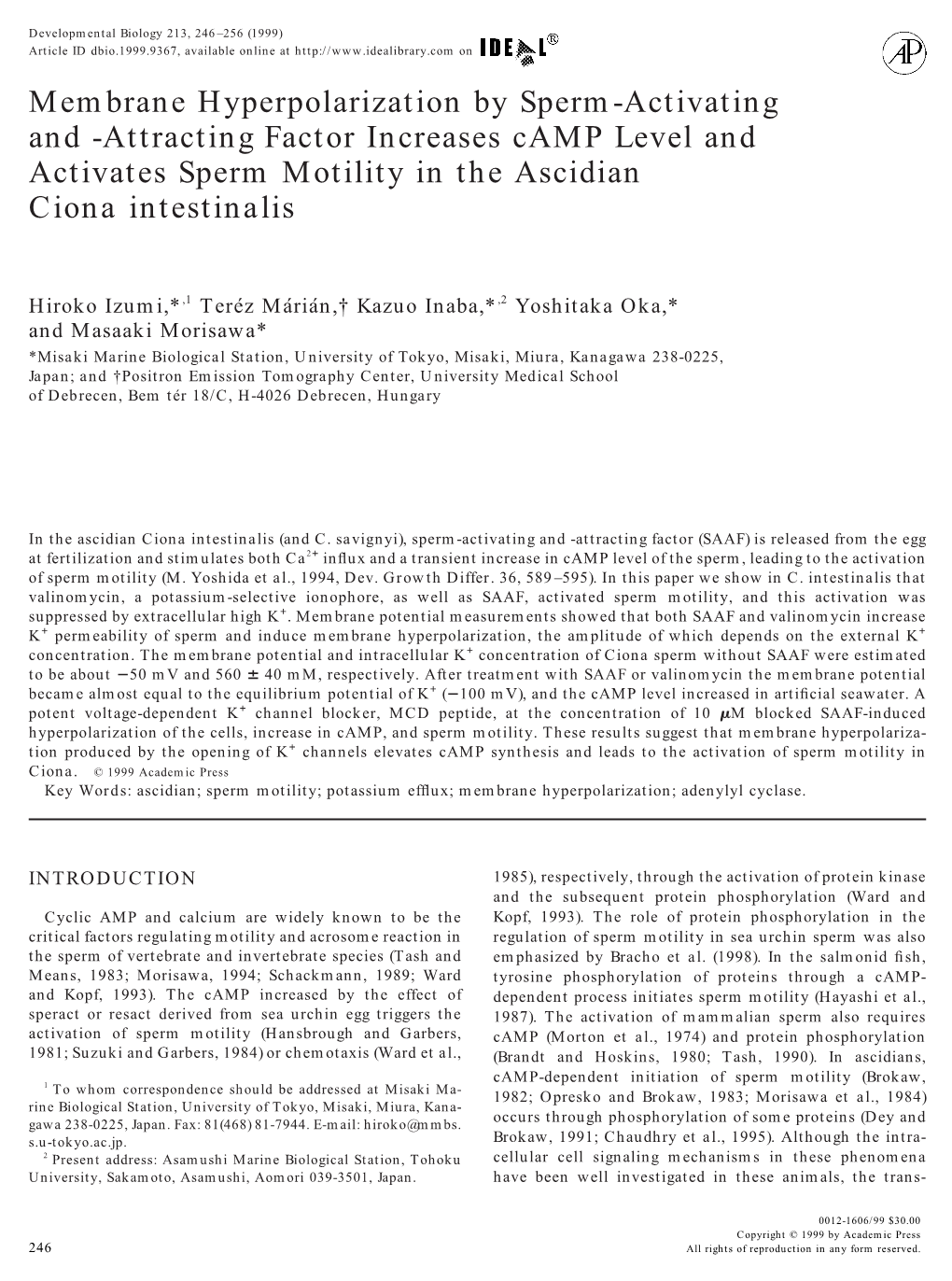 Attracting Factor Increases Camp Level and Activates Sperm Motility in the Ascidian Ciona Intestinalis