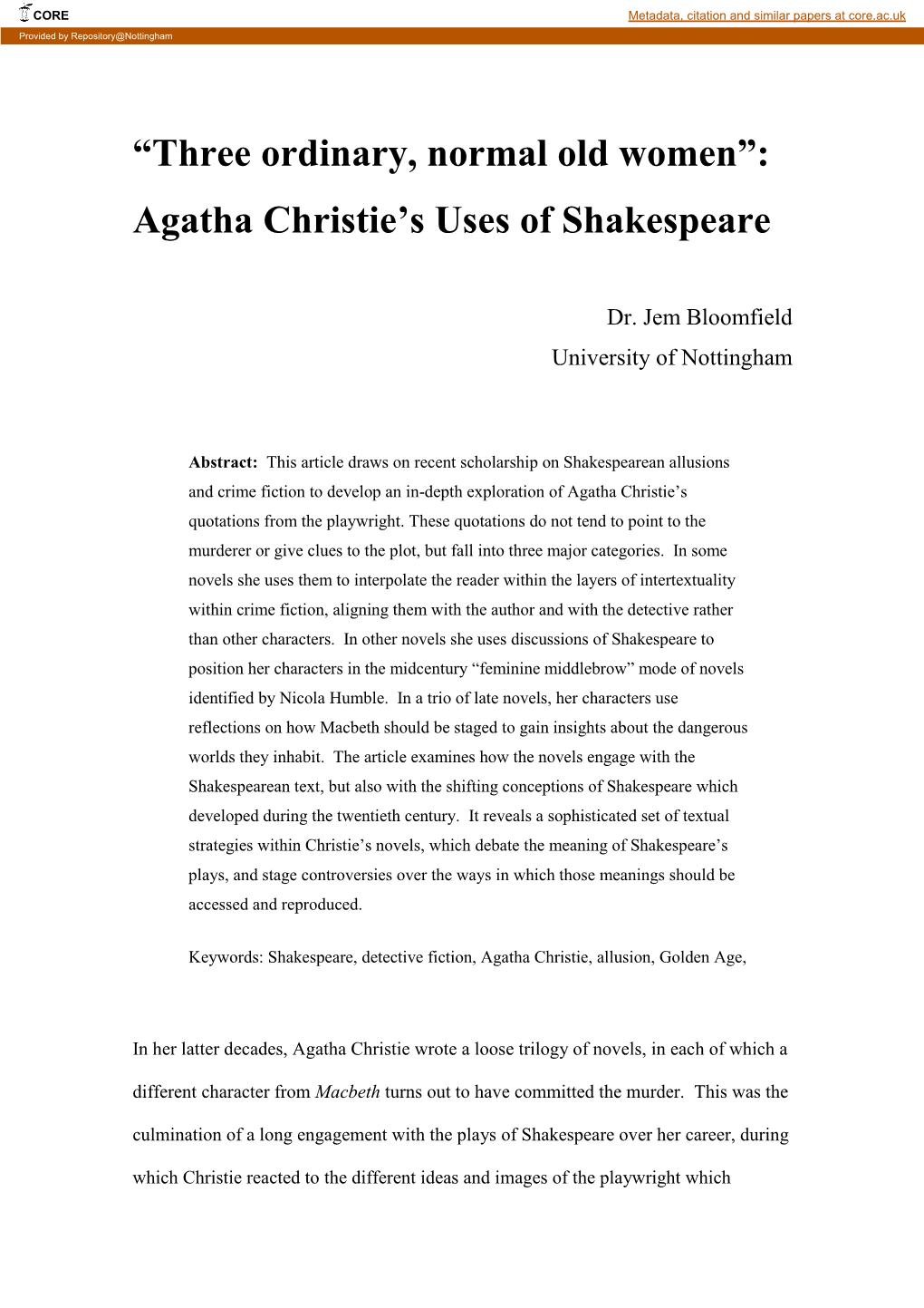 Agatha Christie's Uses of Shakespeare