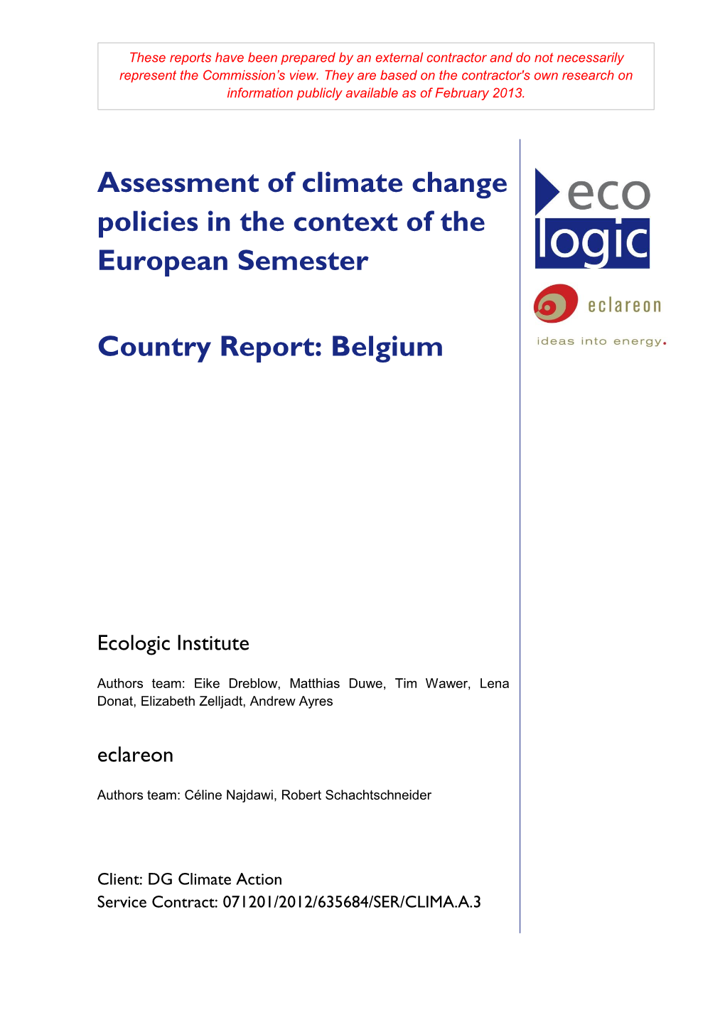 Assessment of Climate Change Policies in the Context of the European Semester