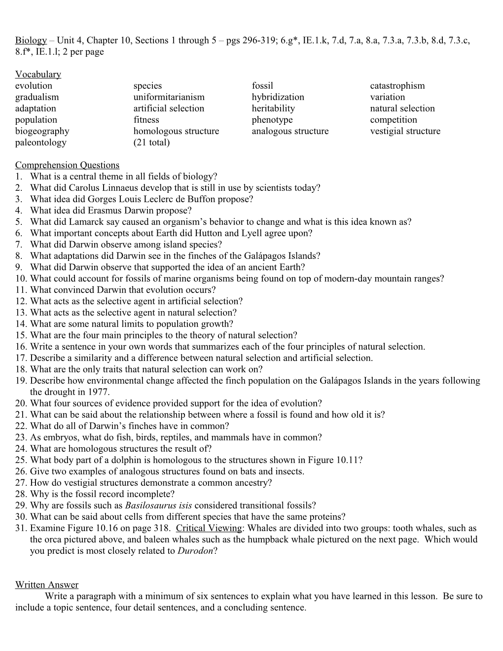 Biology Unit 3, Chapter 8, Sections 1 Through 7 Pgs 224-255; 5