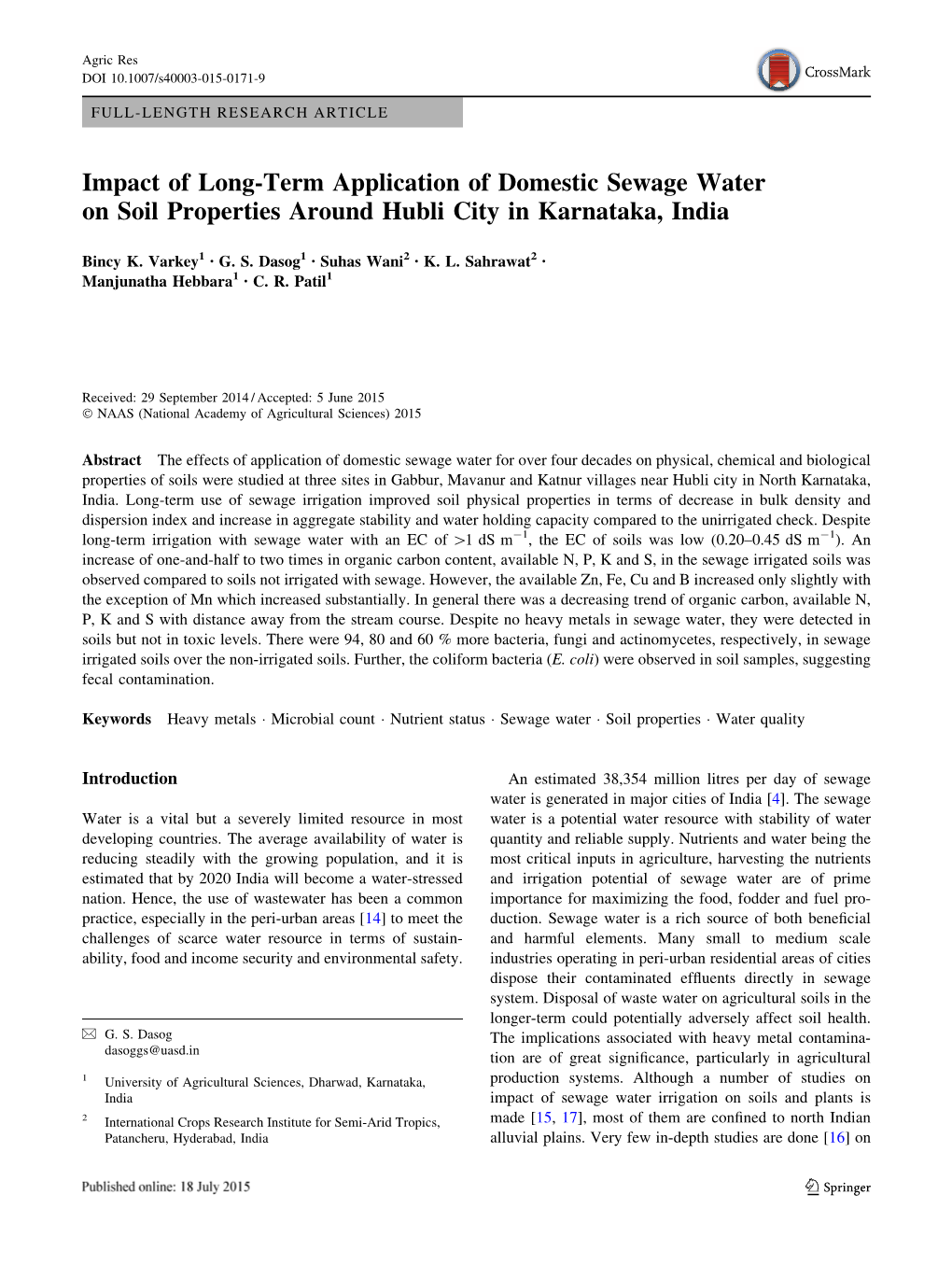 Impact of Long-Term Application of Domestic Sewage Water on Soil Properties Around Hubli City in Karnataka, India