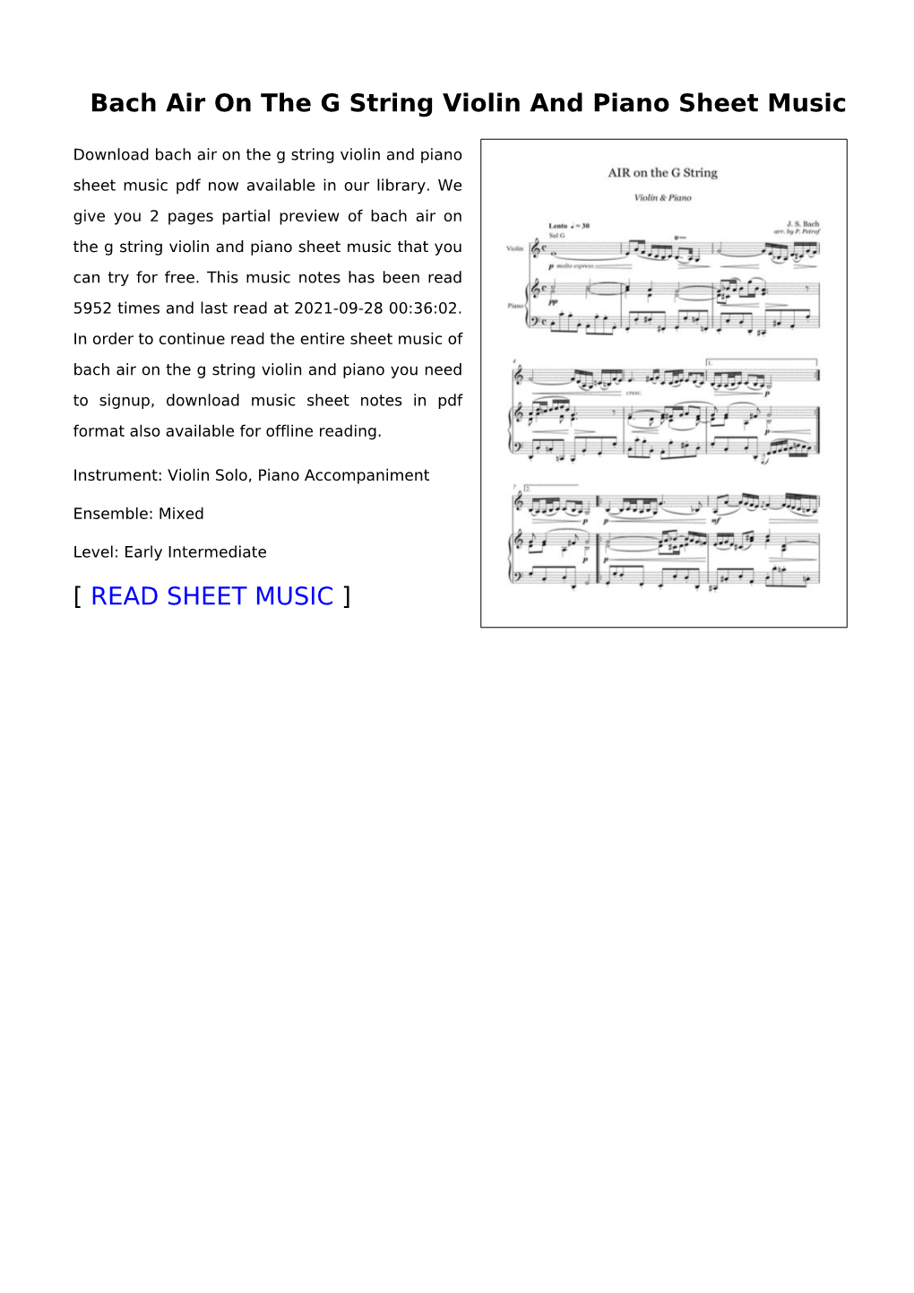 Bach Air on the G String Violin and Piano Sheet Music