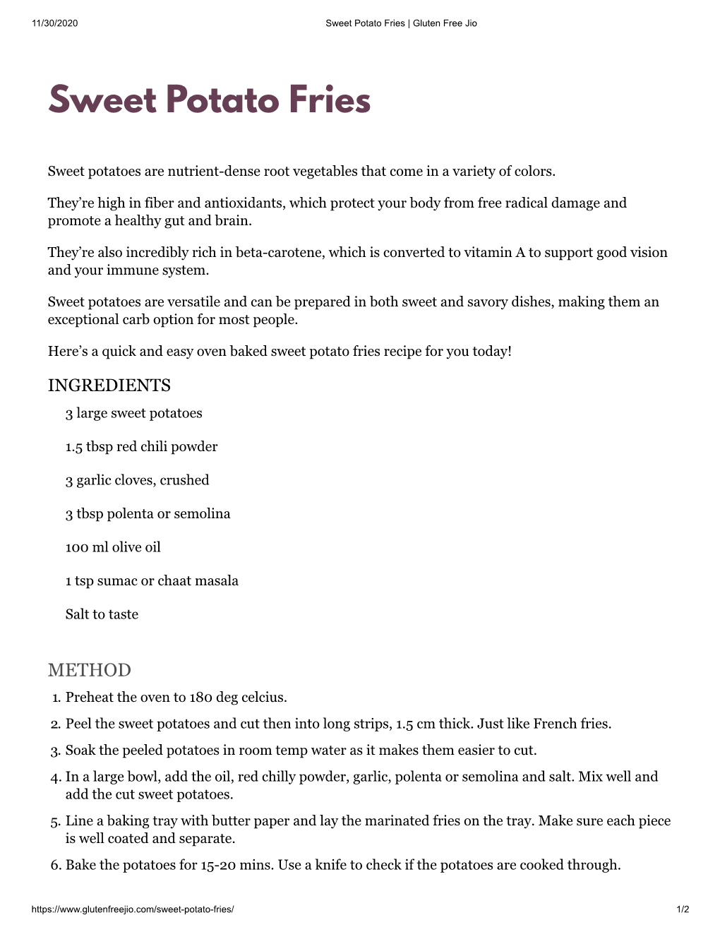 Sweet Potato Fries | Gluten Free Jio