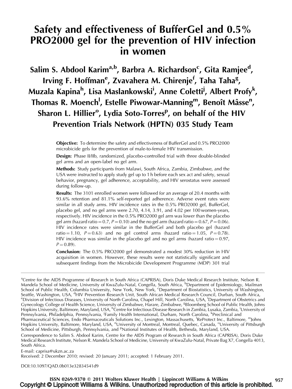 Safety and Effectiveness of Buffergel and 0.5% PRO2000 Gel for the Prevention of HIV Infection in Women