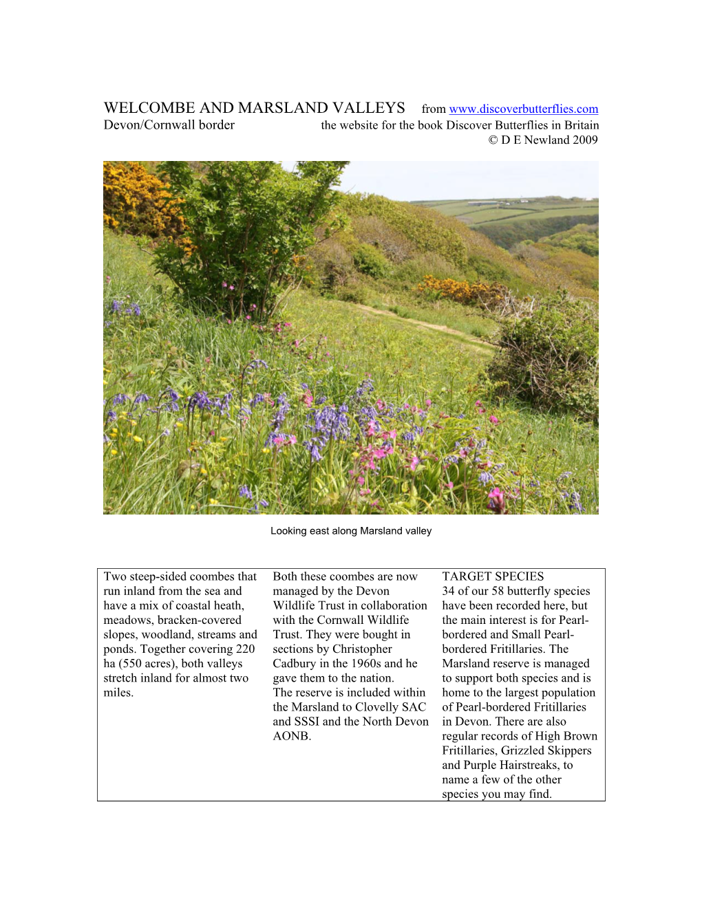 WELCOMBE and MARSLAND VALLEYS from Devon/Cornwall Border the Website for the Book Discover Butterflies in Britain © D E Newland 2009