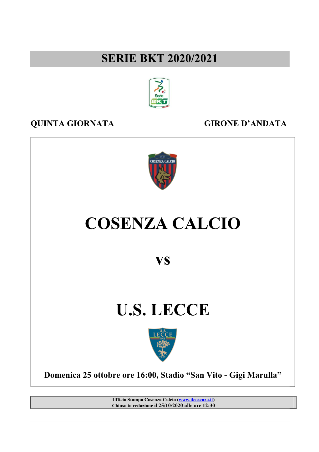 COSENZA CALCIO Vs U.S. LECCE