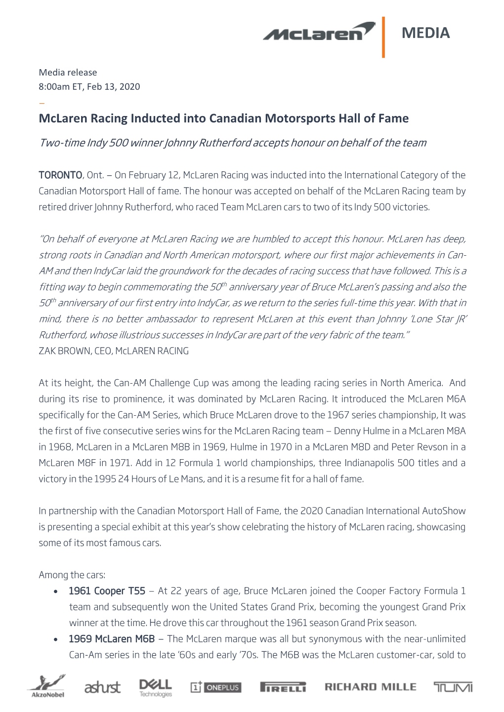 Mclaren Racing Inducted Into Canadian Motorsports Hall of Fame