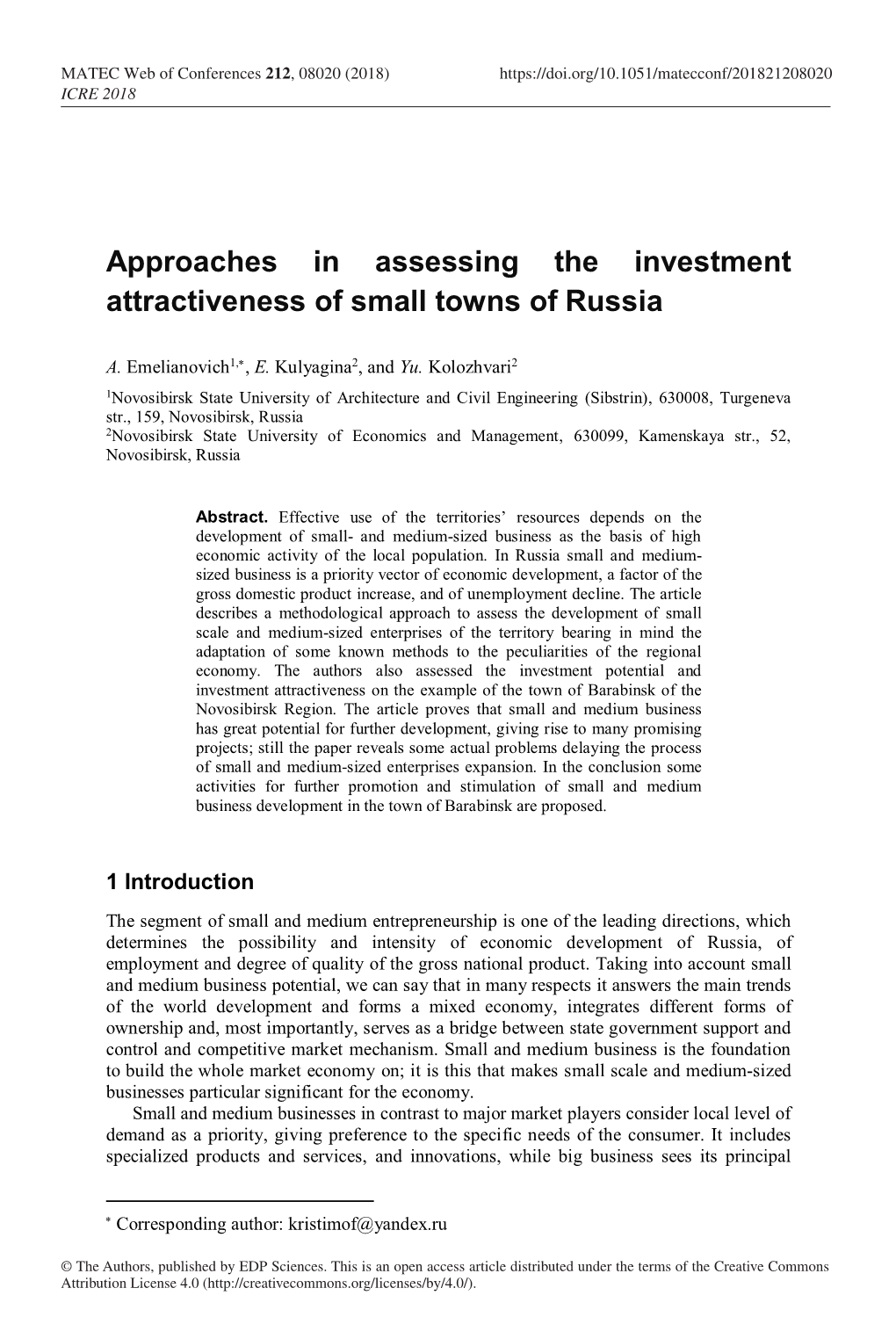 Approaches in Assessing the Investment Attractiveness of Small Towns of Russia