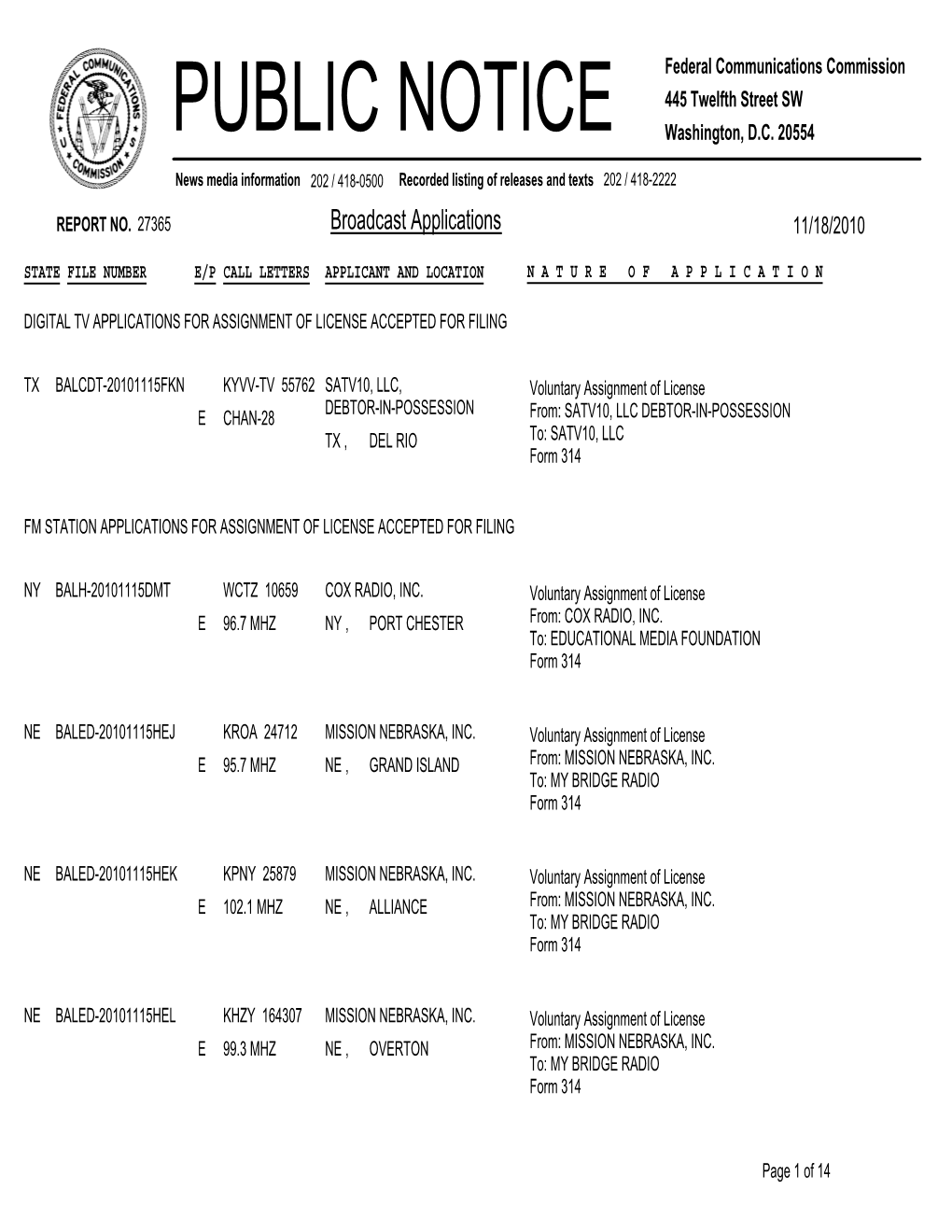 Broadcast Applications 11/18/2010