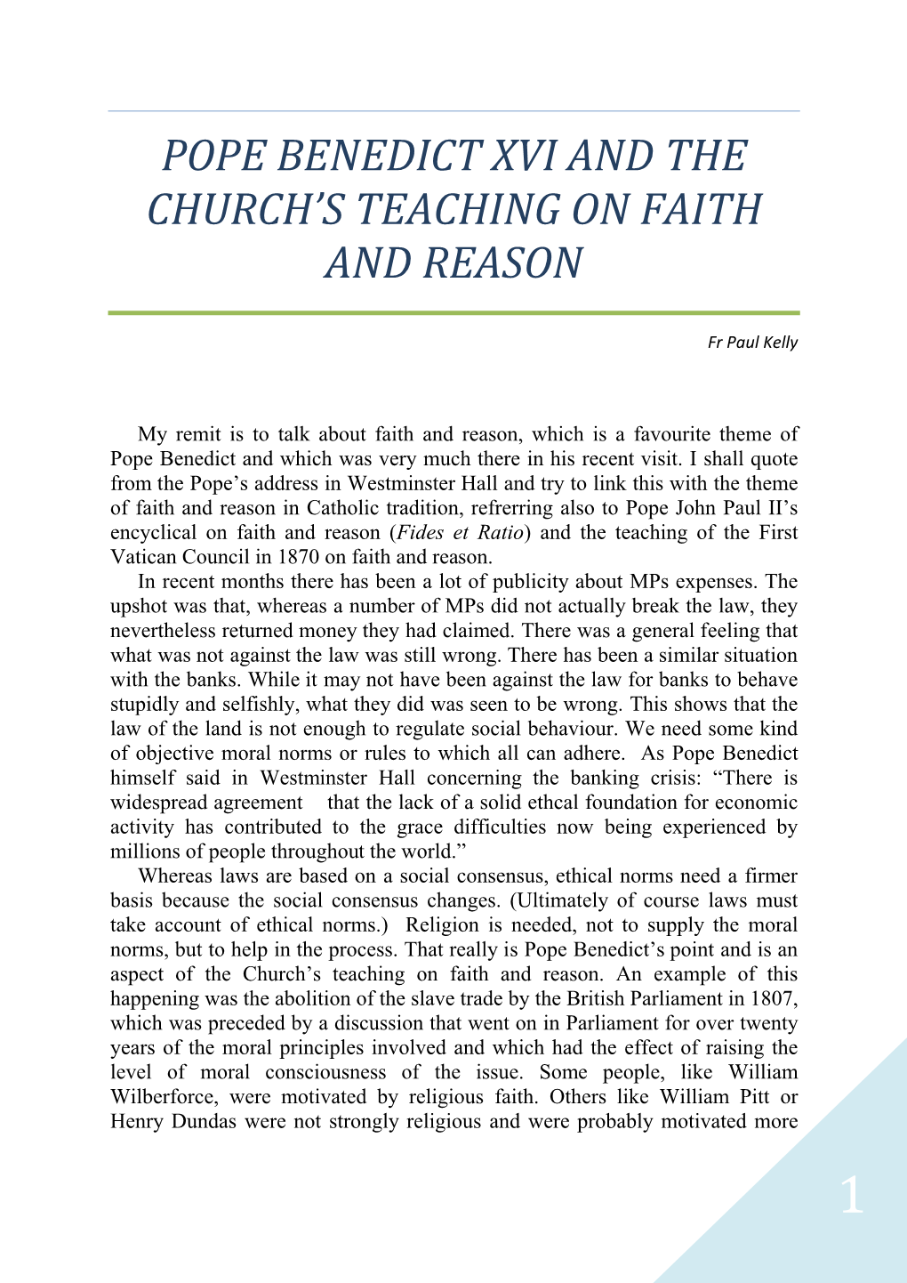 Pope Benedict Xvi and the Church's Teaching on Faith