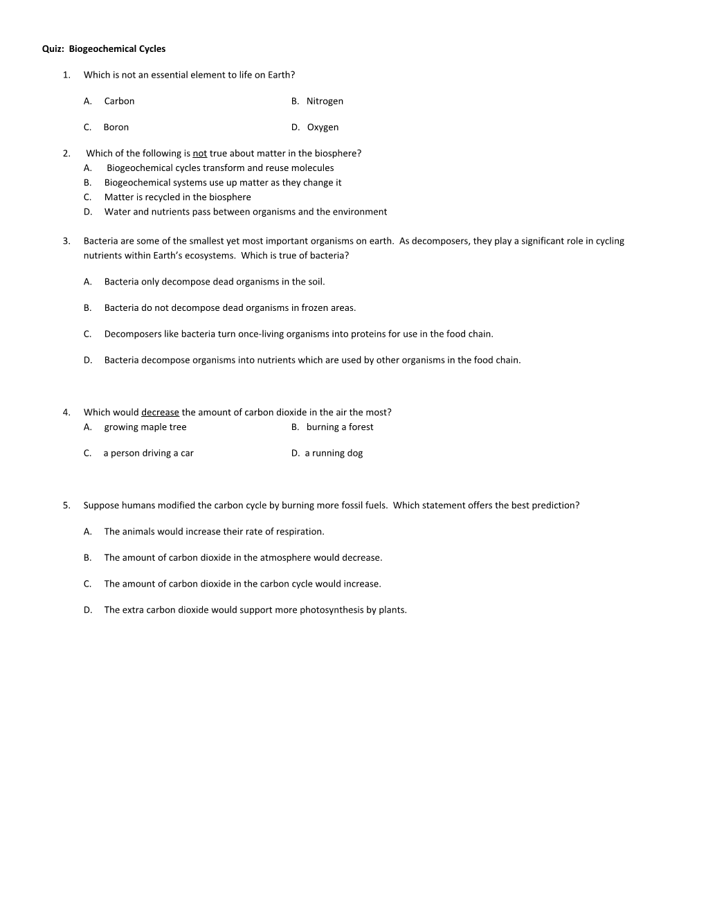 Quiz: Biogeochemical Cycles