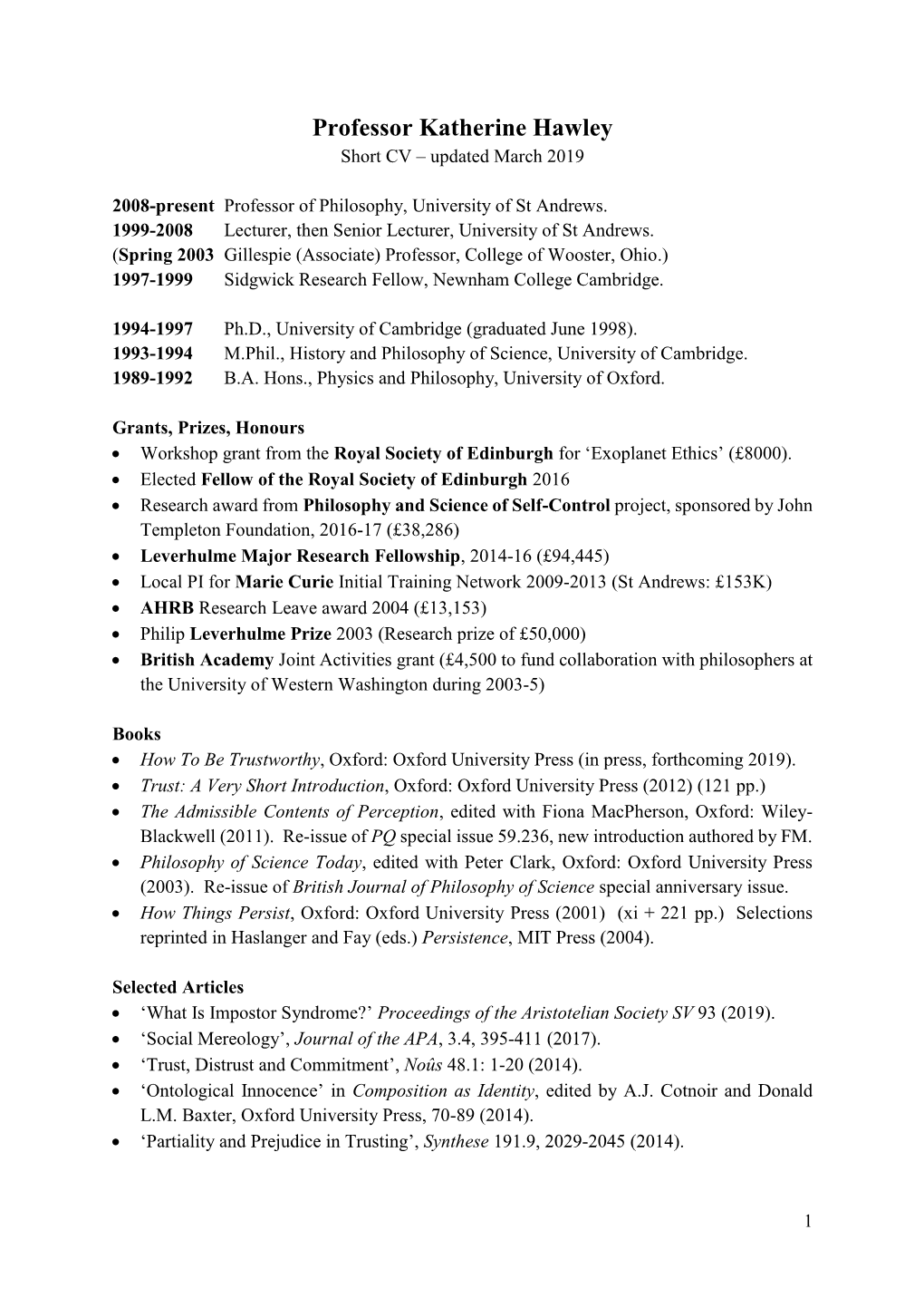 Professor Katherine Hawley Short CV – Updated March 2019