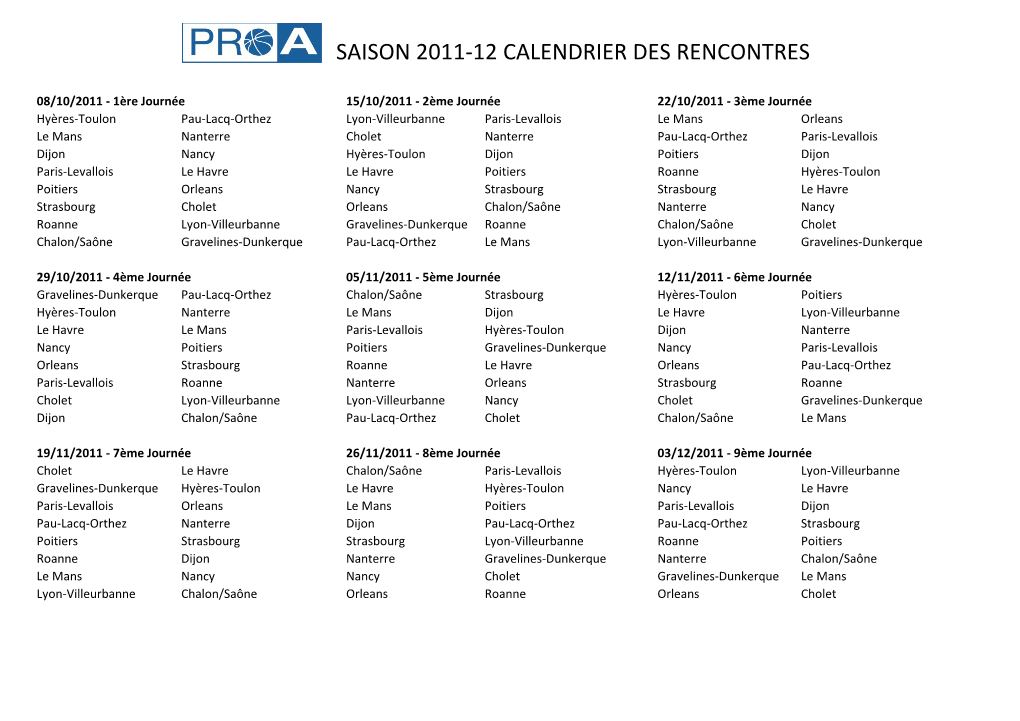 Saison 2011-12 Calendrier Des Rencontres
