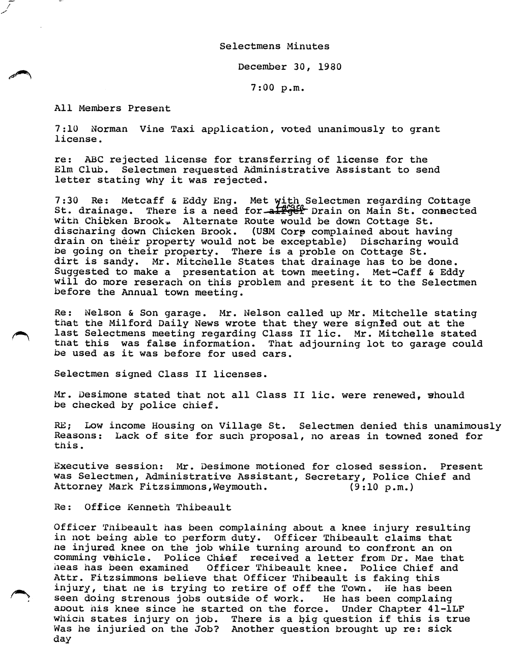 Selectmens Minutes December 30, 1980 7:00 Pm All Members Present