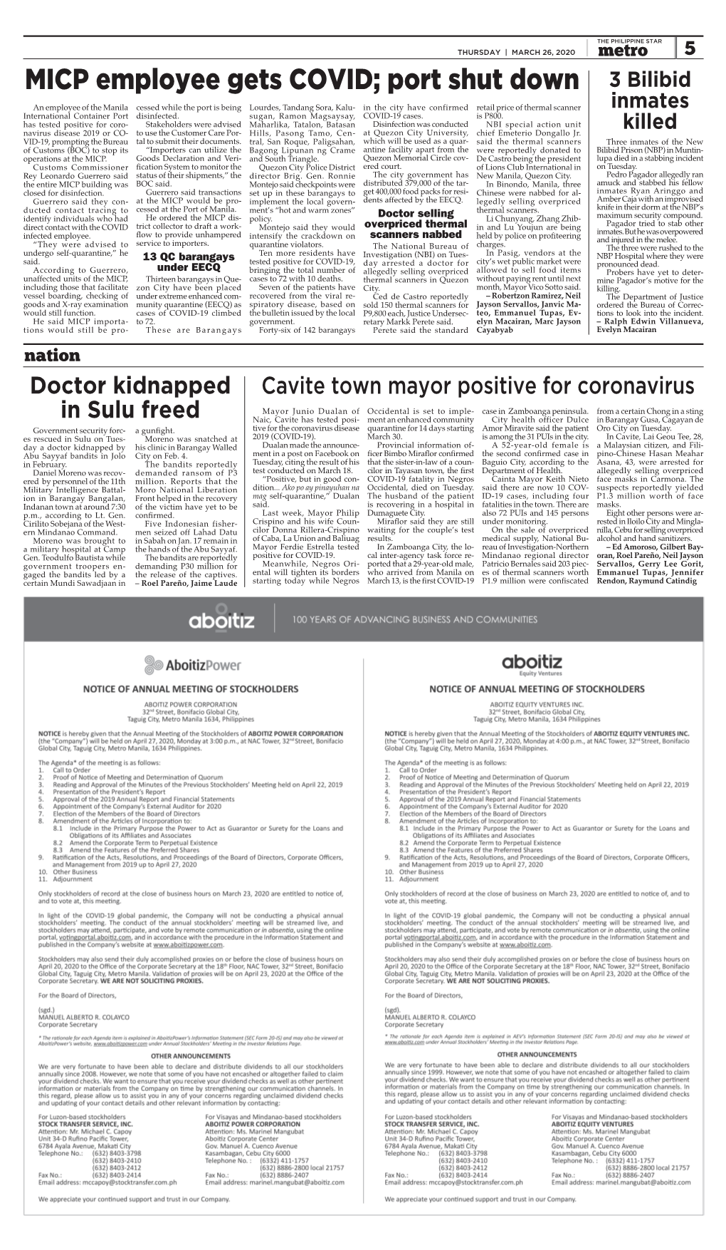 Philippine STAR THURSDAY | MARCH 26, 2020 Metro 5 MICP Employee Gets COVID; Port Shut Down 3 Bilibid