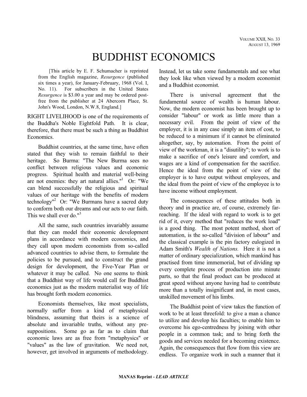 BUDDHIST ECONOMICS [This Article by E